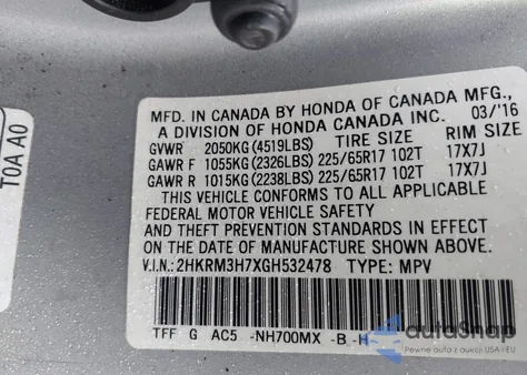 2016 Honda Cr-V Ex-L z USA, uszkodzony, nr VIN 2HKRM3H7XGH532478